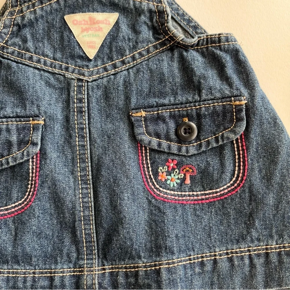 OshKosh B’Gosh Denim Overalls Dress Embroidered Rainbow Mushroom